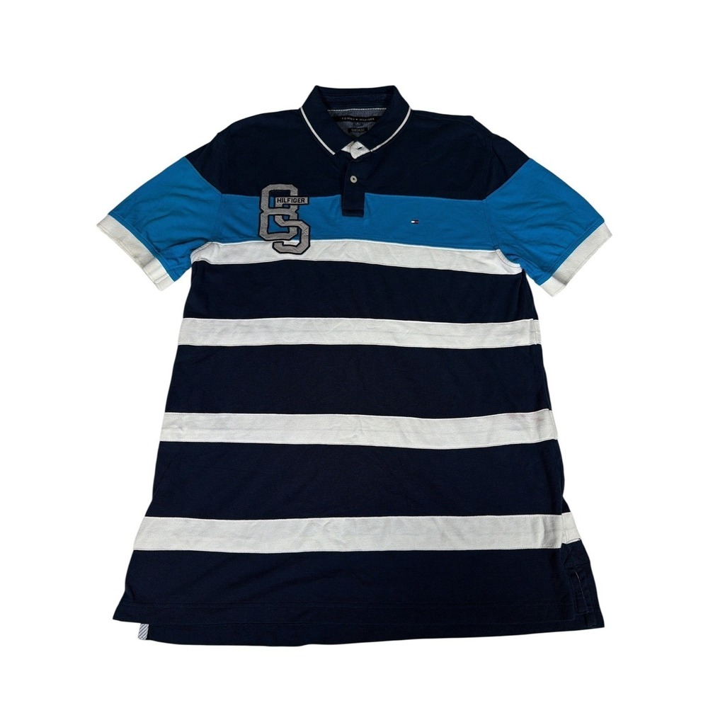 Tommy Hilfiger Polo Shirt Mens XL Blue Good‎ Striped Custom Fit Colorblock 85